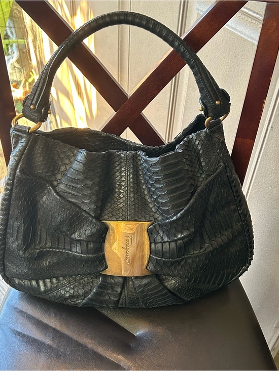Salvatore Ferragamo Handbags - Salvatore Ferragamo Black Genuine Python Miss Vara Bow Hobo Bag